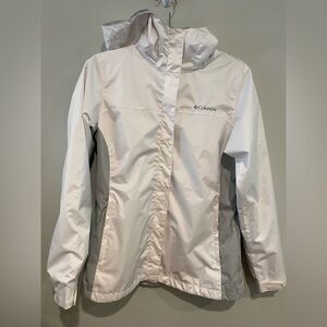 Columbia women’s hooded lightweight jacket.  White with gray accents. Size S